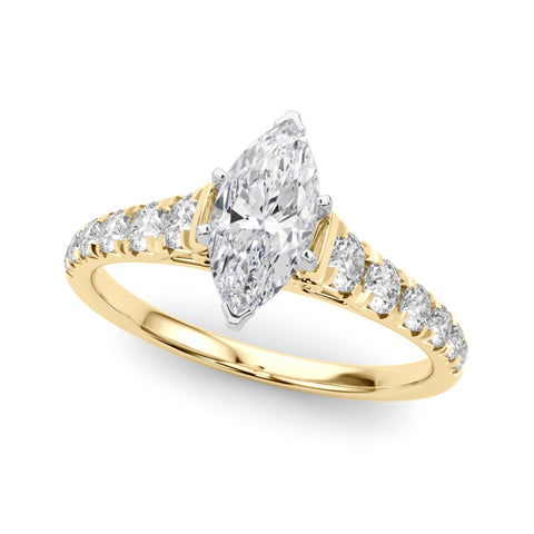 Yellow gold Marquise Cut Diamond Solitaire with Pave Band and Four-Prong Setting