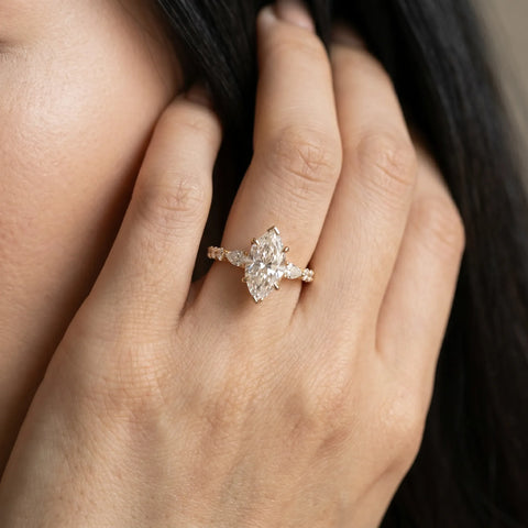 10K Yellow Gold 4.00 Carat F VS1 Marquise Diamond Ring with Marquise and Round  Side Stones and Four-Prong Setting