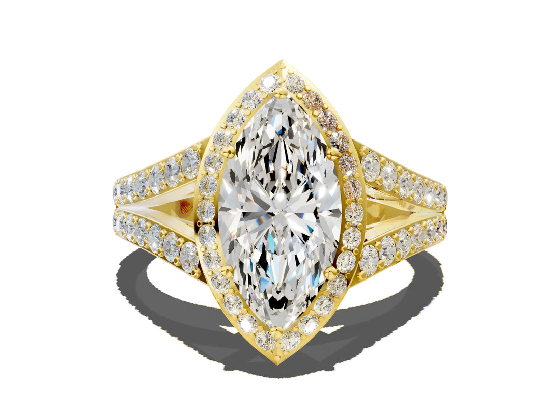 Yellow gold Marquise Cut Diamond Split Shank Halo Ring with Four-Prong Setting_67