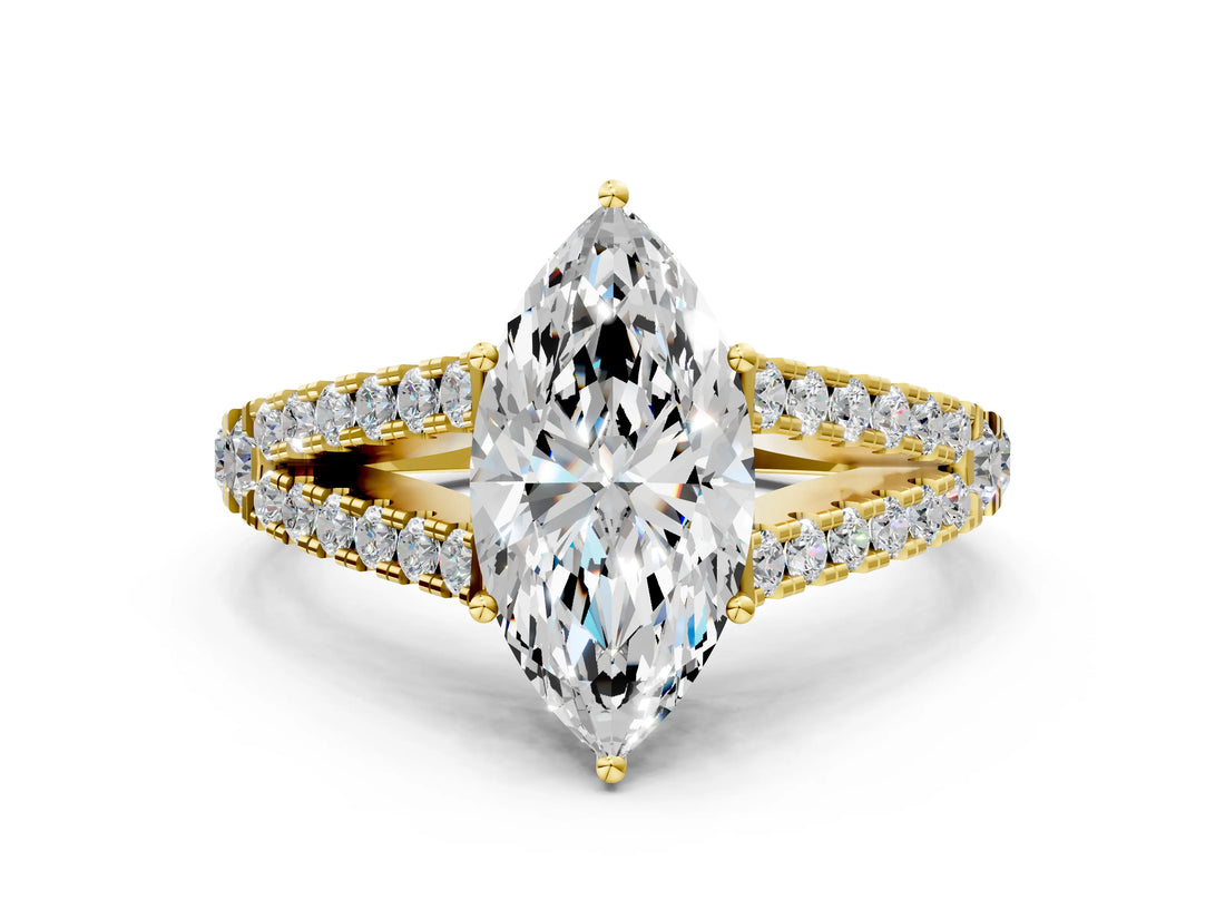 Yellow gold Marquise Cut Diamond Split Shank Pavé Engagement Ring with Four-Prong Setting_65