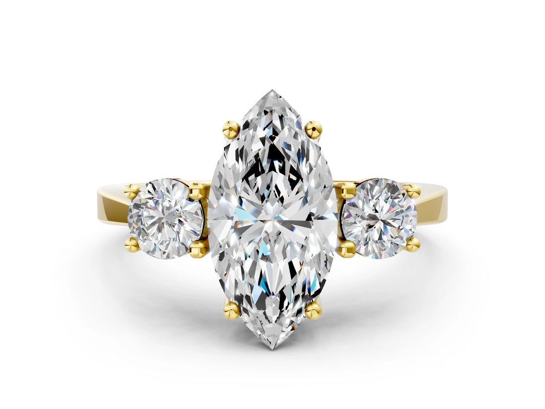 Yellow gold Marquise Cut Diamond Three-Stone Engagement Ring with Prong Setting and Pavé Band_3