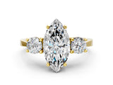 Yellow gold Marquise Cut Diamond Three-Stone Engagement Ring with Prong Setting and Pavé Band_3