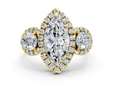 Yellow gold Marquise Cut Diamond Three-Stone Halo Ring with Prong Setting and Pavé Accents_9