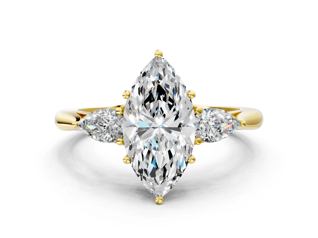 Yellow gold Marquise Cut Diamond Three-Stone Ring with Pear Side Stones and Four-Prong Setting_104