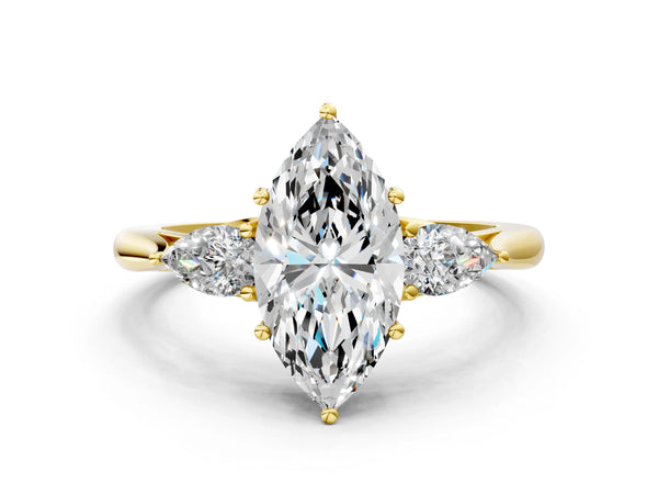 18K Yellow Gold 1.30 Carat D VS1 Marquise Diamond Three-Stone Ring with Pear Side Stones and Prong Setting