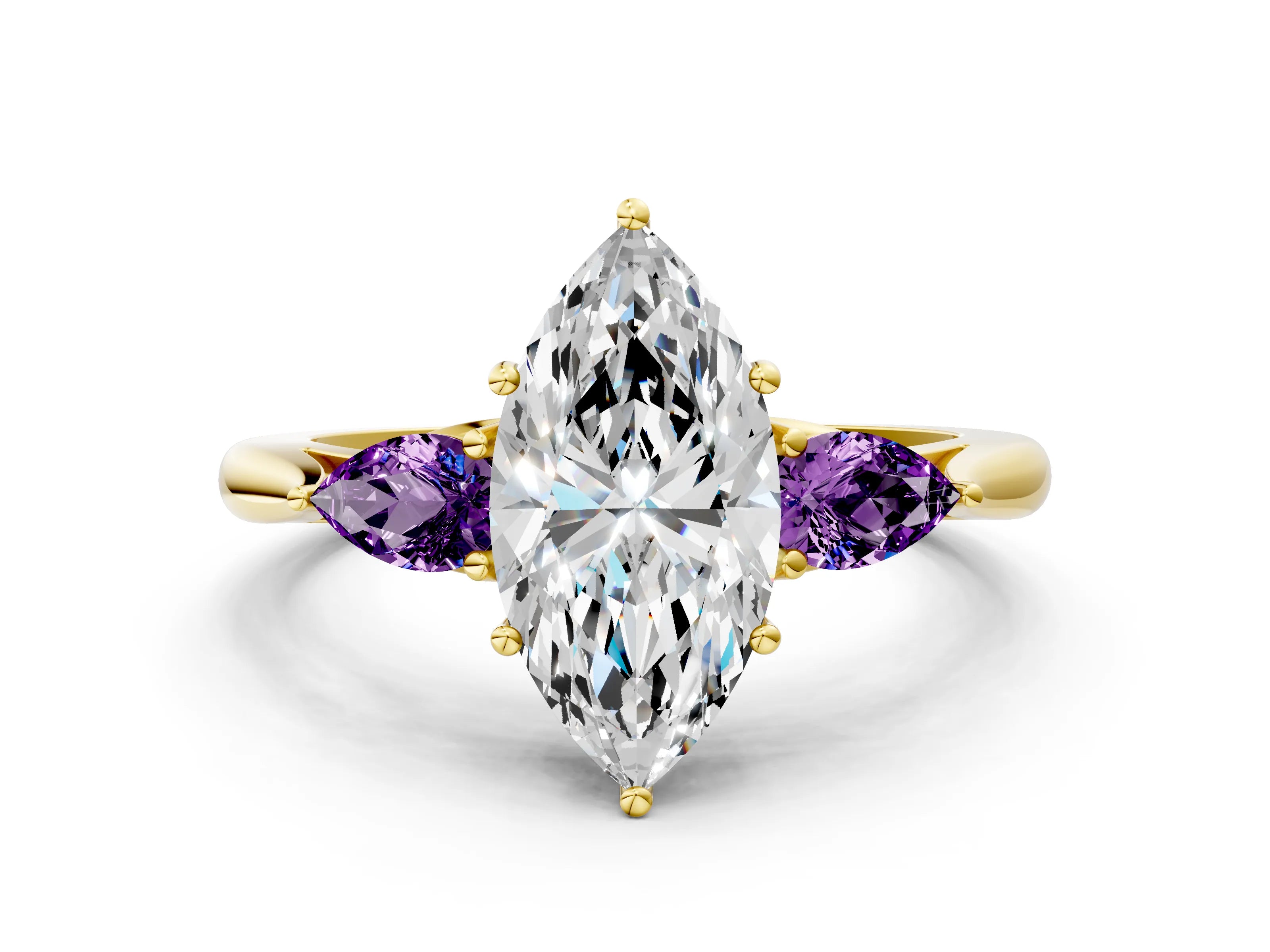 Yellow gold Marquise Cut Diamond Three-Stone Ring with Pear with Amethyst side stone Side Stones and Prong Setting