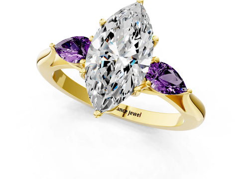 Yellow gold Marquise Cut Diamond Three-Stone Ring with Pear with Amethyst side stone Side Stones and Prong Setting_1