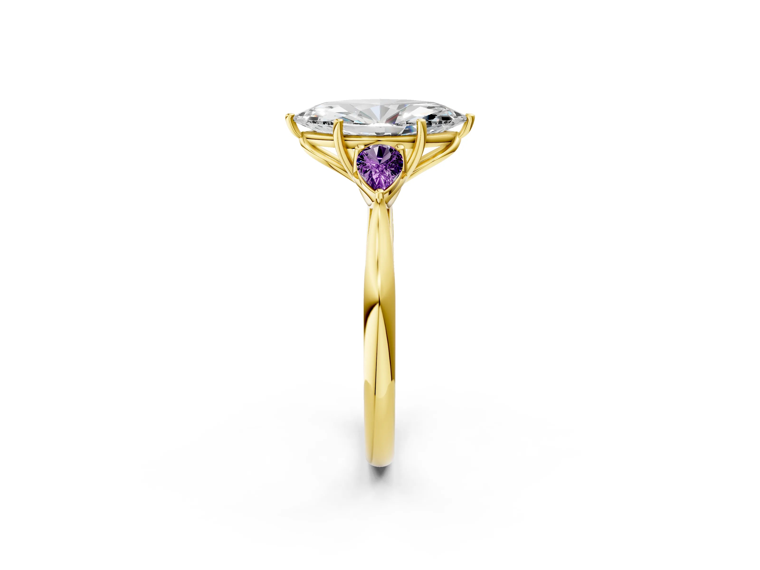 Yellow gold Marquise Cut Diamond Three-Stone Ring with Pear with Amethyst side stone Side Stones and Prong Setting_2