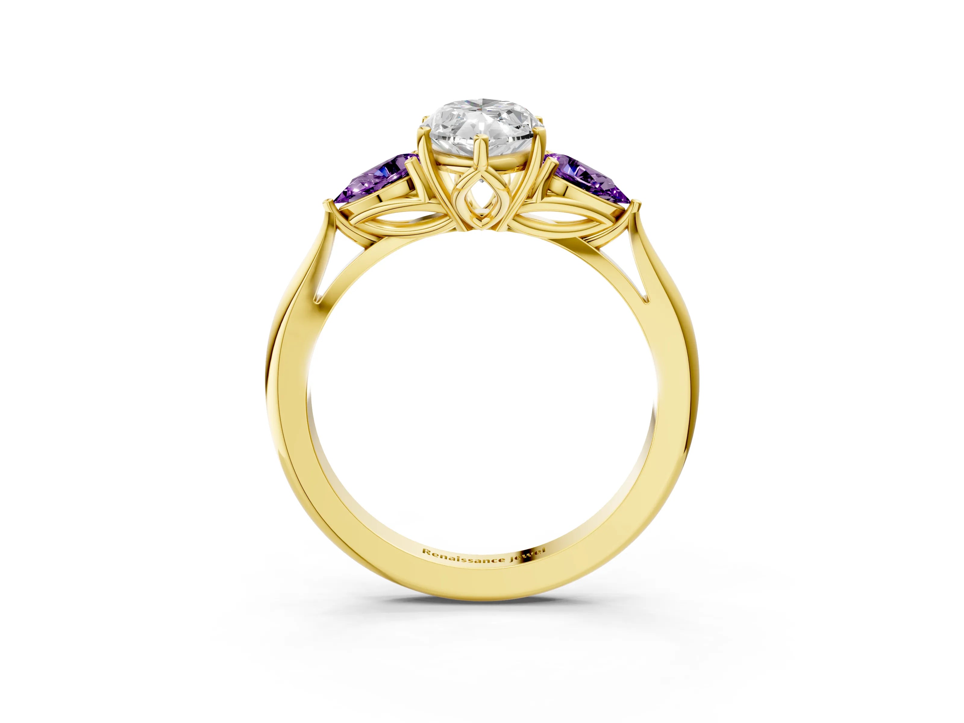 Yellow gold Marquise Cut Diamond Three-Stone Ring with Pear with Amethyst side stone Side Stones and Prong Setting_3