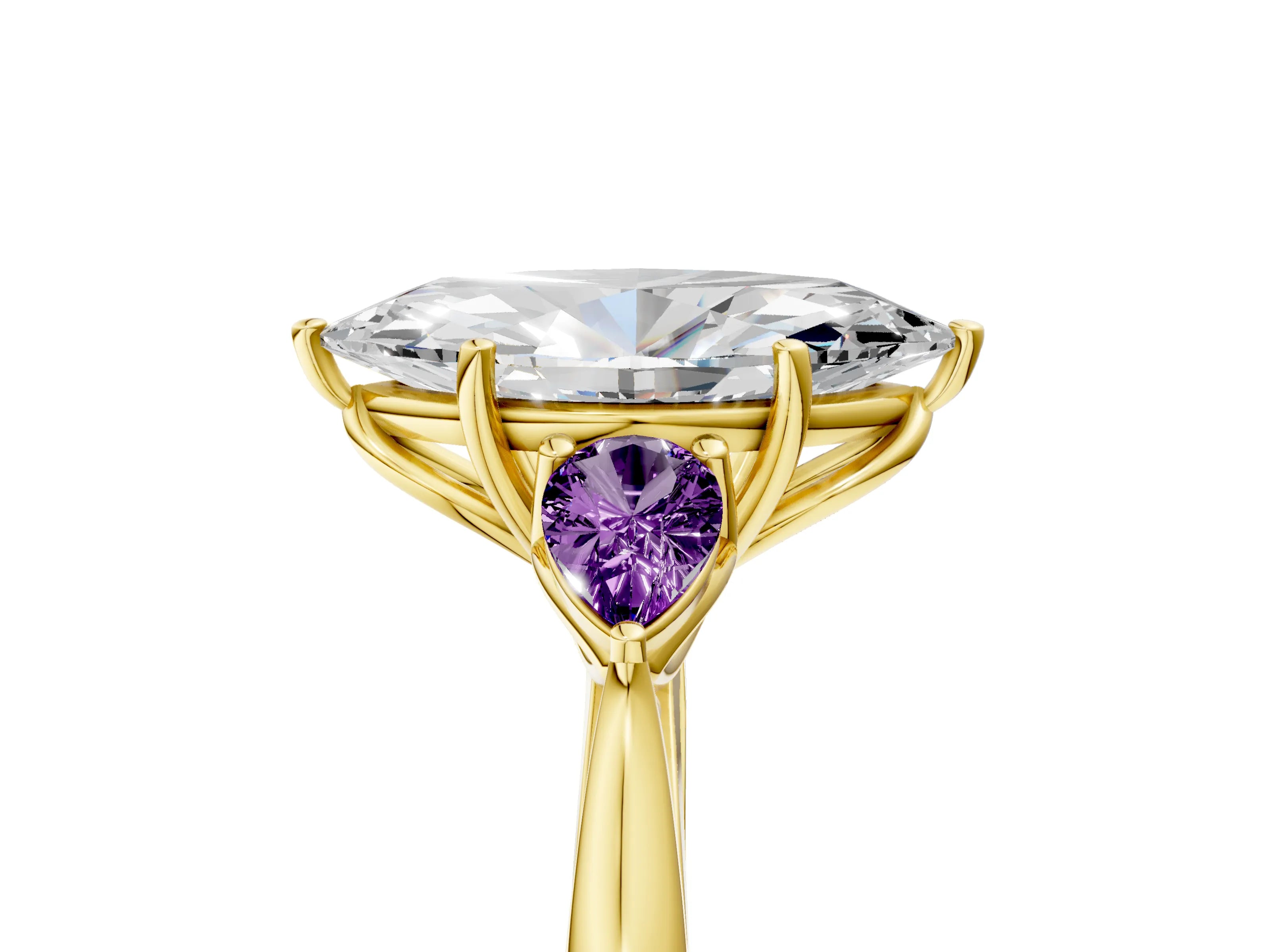 Yellow gold Marquise Cut Diamond Three-Stone Ring with Pear with Amethyst side stone Side Stones and Prong Setting_5