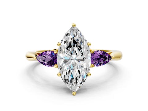 Yellow gold Marquise Cut Diamond Three-Stone Ring with Pear with Amethyst side stone Side Stones and Prong Setting