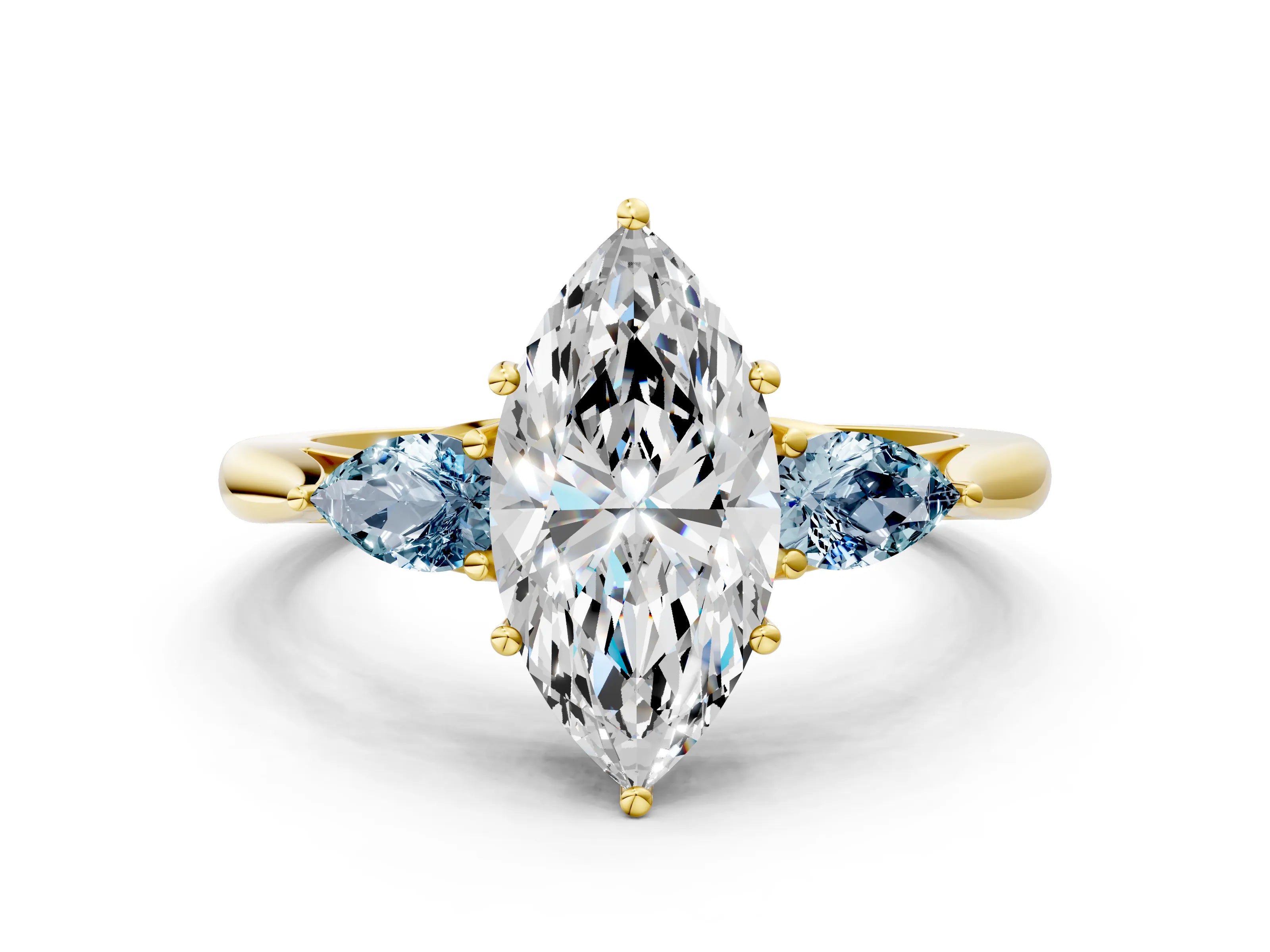 Yellow gold Marquise Cut Diamond Three-Stone Ring with Pear with Aquamarine side stone Side Stones and Prong Setting