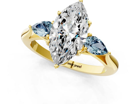 Yellow gold Marquise Cut Diamond Three-Stone Ring with Pear with Aquamarine side stone Side Stones and Prong Setting_1