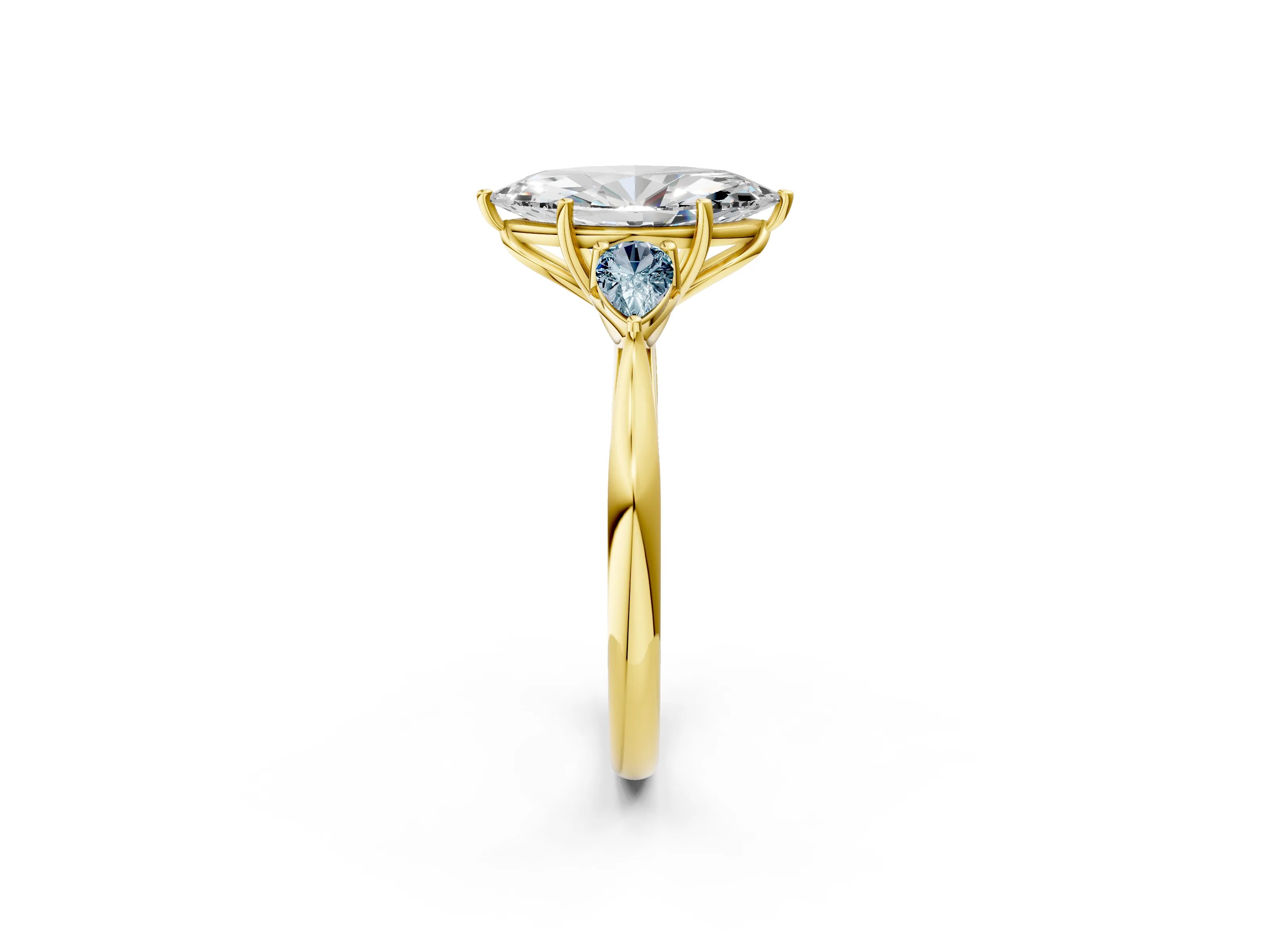 Yellow gold Marquise Cut Diamond Three-Stone Ring with Pear with Aquamarine side stone Side Stones and Prong Setting_2