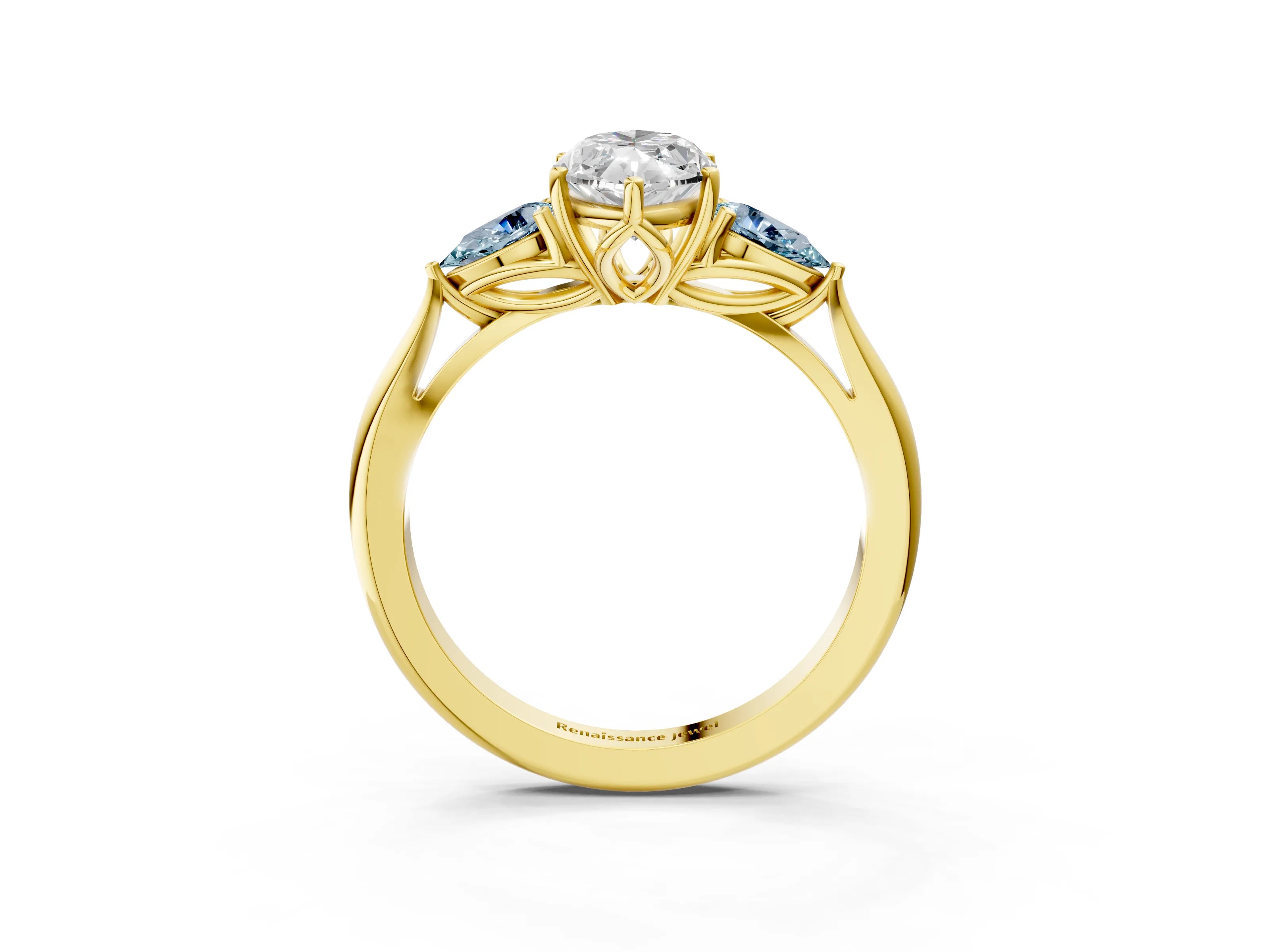 Yellow gold Marquise Cut Diamond Three-Stone Ring with Pear with Aquamarine side stone Side Stones and Prong Setting_3