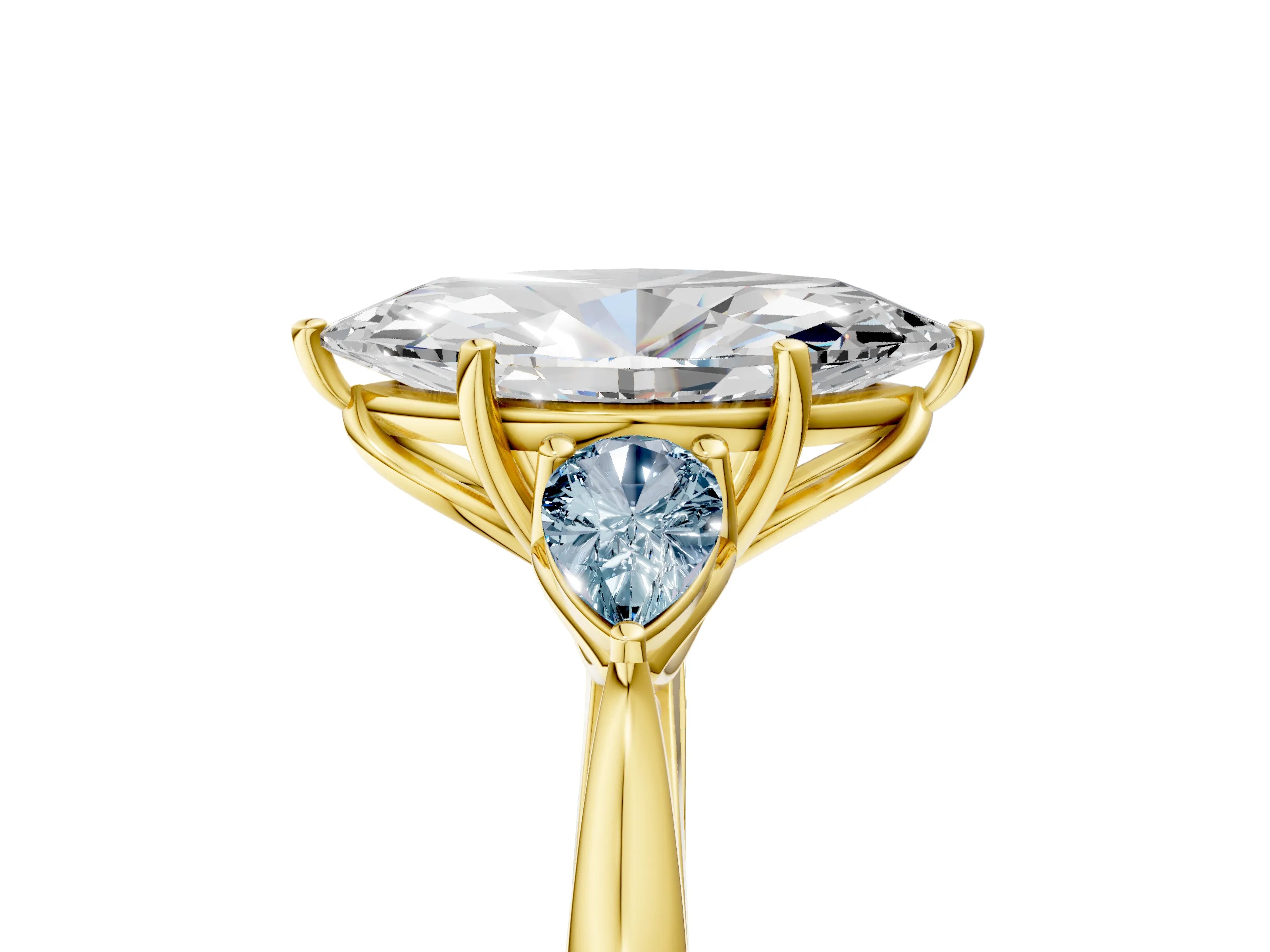 Yellow gold Marquise Cut Diamond Three-Stone Ring with Pear with Aquamarine side stone Side Stones and Prong Setting_5