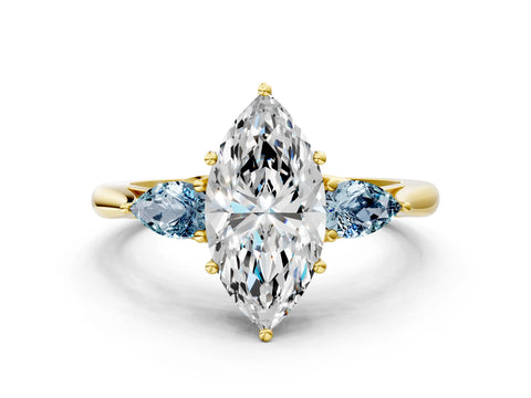 Yellow gold Marquise Cut Diamond Three-Stone Ring with Pear with Aquamarine side stone Side Stones and Prong Setting