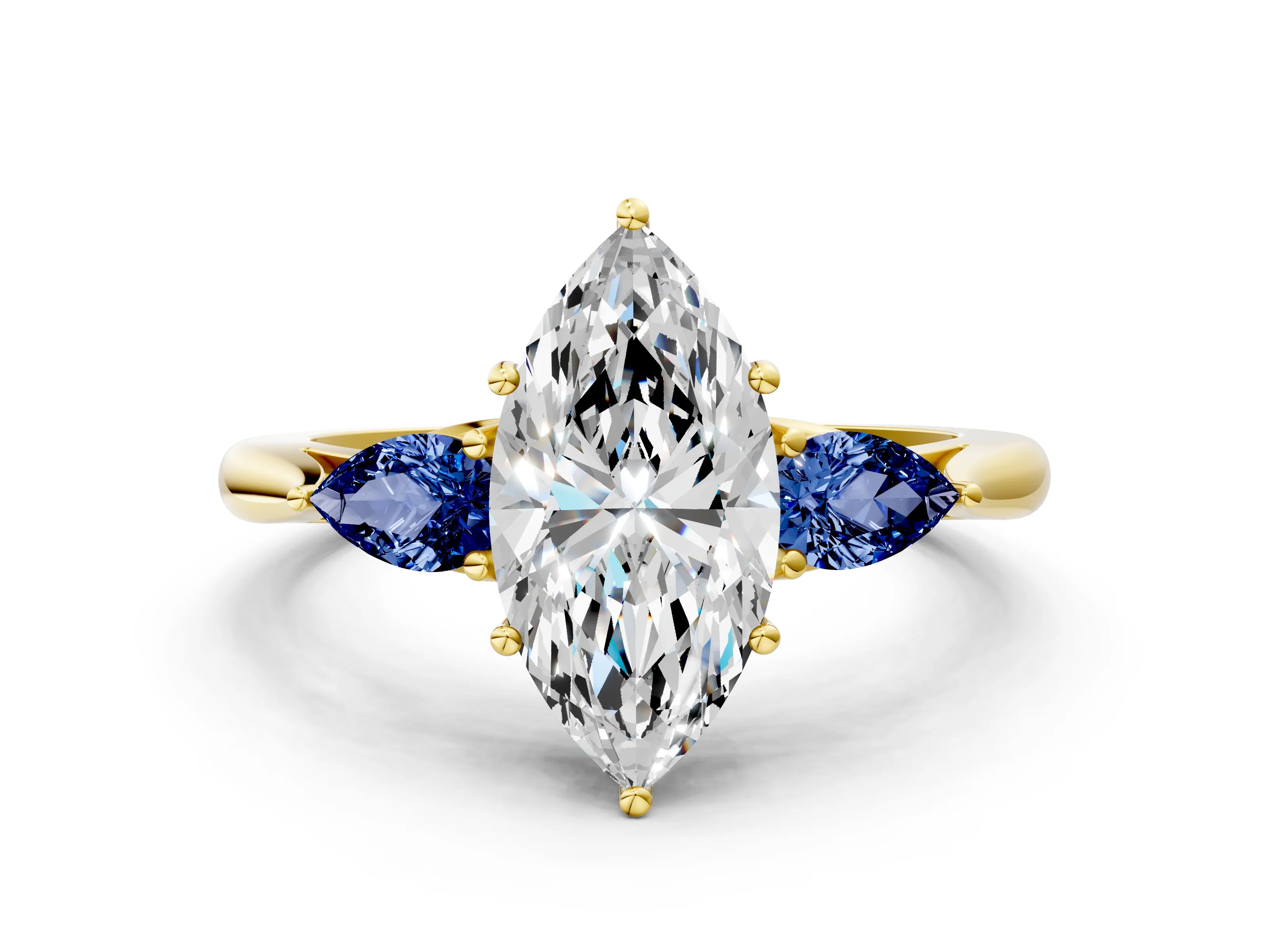 Yellow gold Marquise Cut Diamond Three-Stone Ring with Pear with Blue Sapphire side stone Side Stones and Prong Setting
