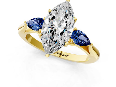 Yellow gold Marquise Cut Diamond Three-Stone Ring with Pear with Blue Sapphire side stone Side Stones and Prong Setting_1