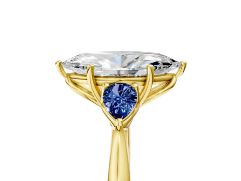 Yellow gold Marquise Cut Diamond Three-Stone Ring with Pear with Blue Sapphire side stone Side Stones and Prong Setting_5