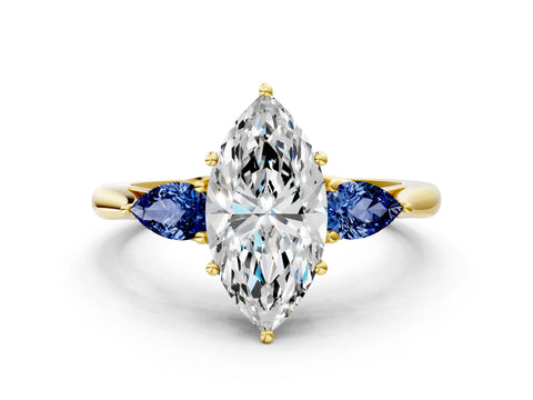 Yellow gold Marquise Cut Diamond Three-Stone Ring with Pear with Blue Sapphire side stone Side Stones and Prong Setting