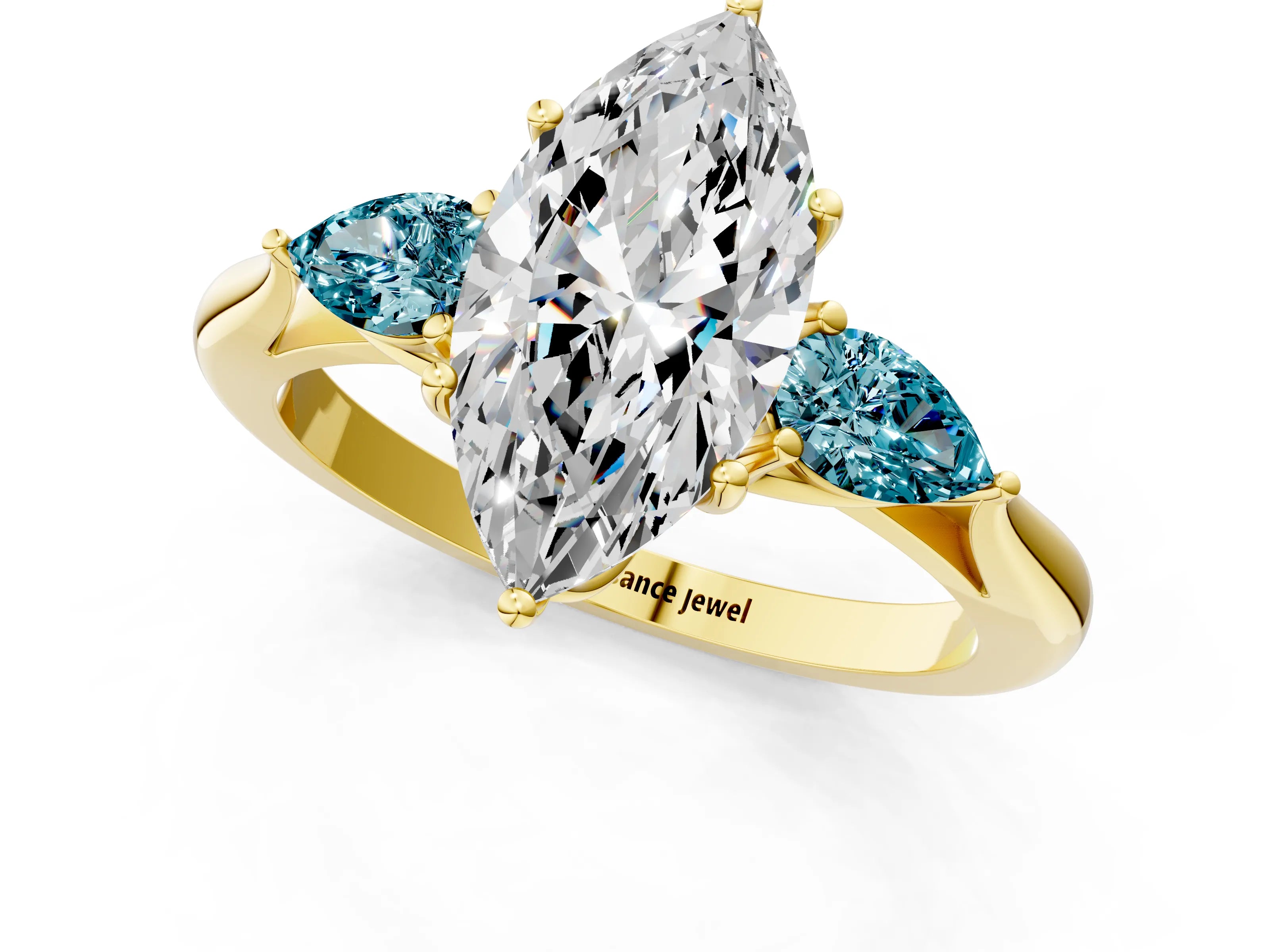 Yellow gold Marquise Cut Diamond Three-Stone Ring with Pear with Blue Topaz side stone Side Stones and Prong Setting_1