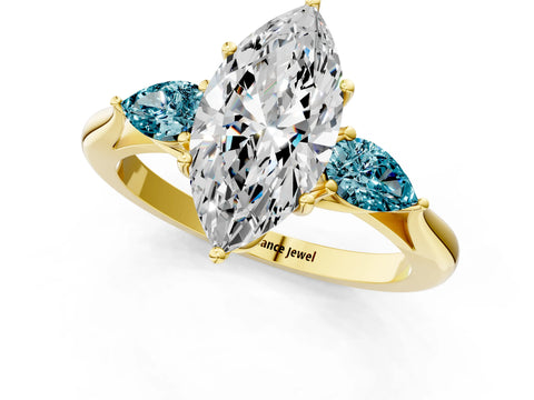 Yellow gold Marquise Cut Diamond Three-Stone Ring with Pear with Blue Topaz side stone Side Stones and Prong Setting_1