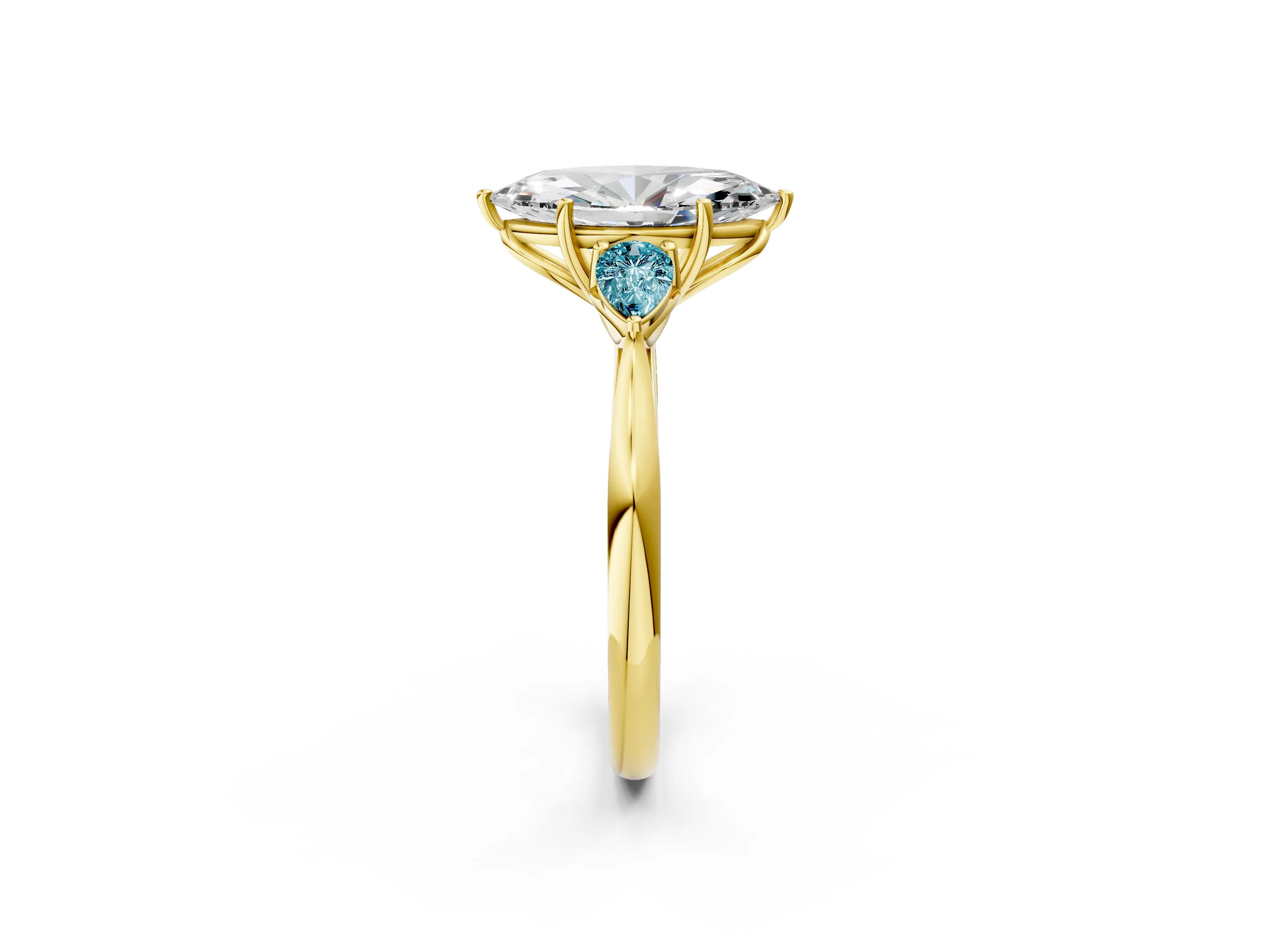 Yellow gold Marquise Cut Diamond Three-Stone Ring with Pear with Blue Topaz side stone Side Stones and Prong Setting_2