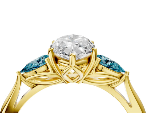 Yellow gold Marquise Cut Diamond Three-Stone Ring with Pear with Blue Topaz side stone Side Stones and Prong Setting_4