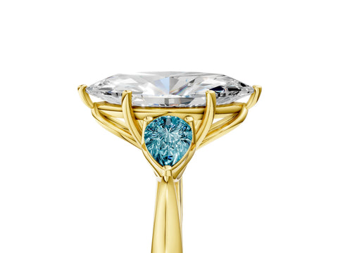 Yellow gold Marquise Cut Diamond Three-Stone Ring with Pear with Blue Topaz side stone Side Stones and Prong Setting_5