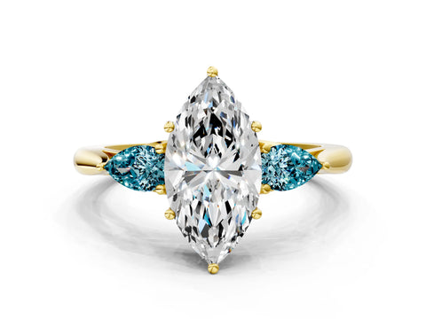 Yellow gold Marquise Cut Diamond Three-Stone Ring with Pear with Blue Topaz side stone Side Stones and Prong Setting