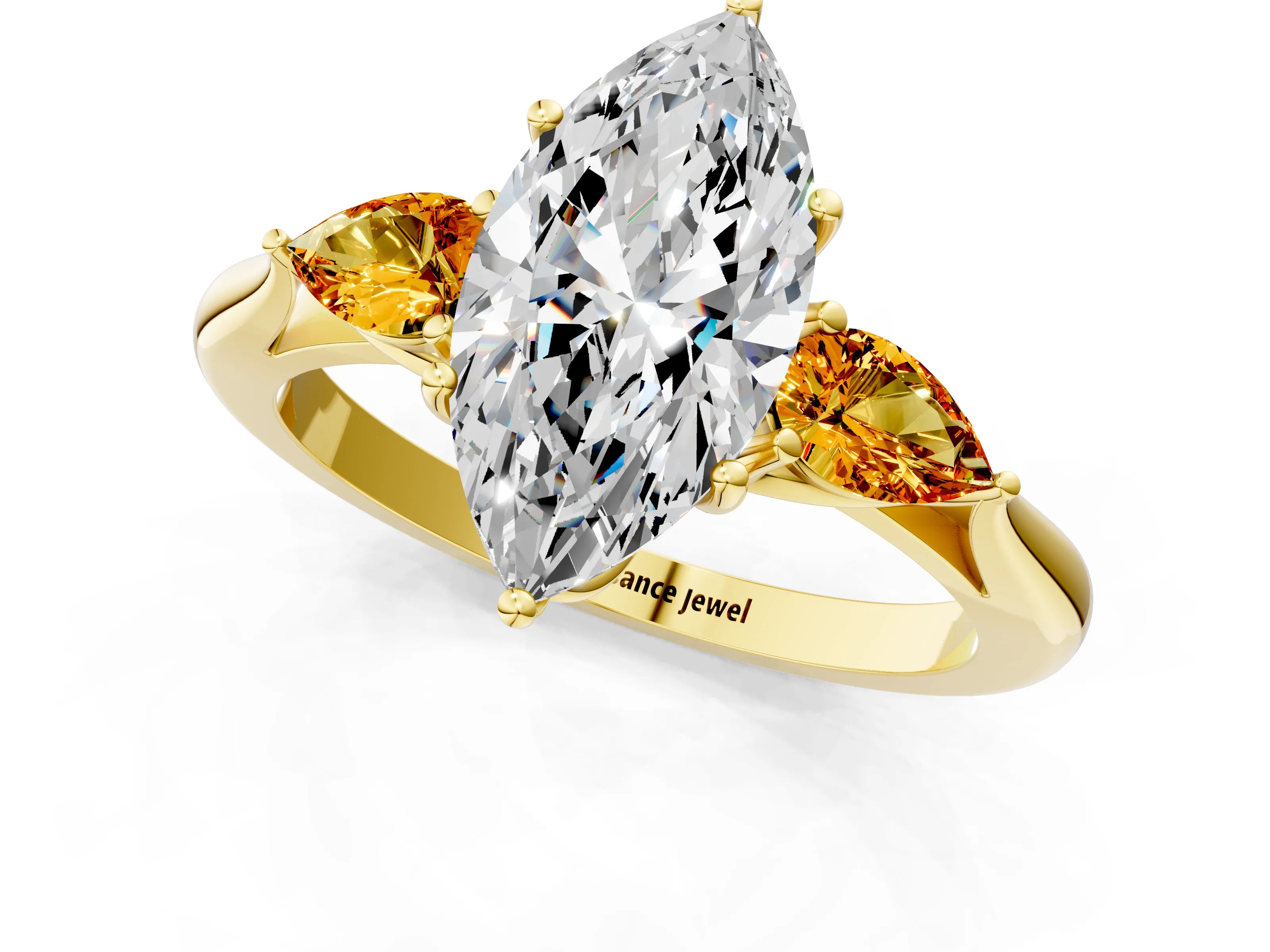 Yellow gold Marquise Cut Diamond Three-Stone Ring with Pear with Citrine side stone Side Stones and Prong Setting_1
