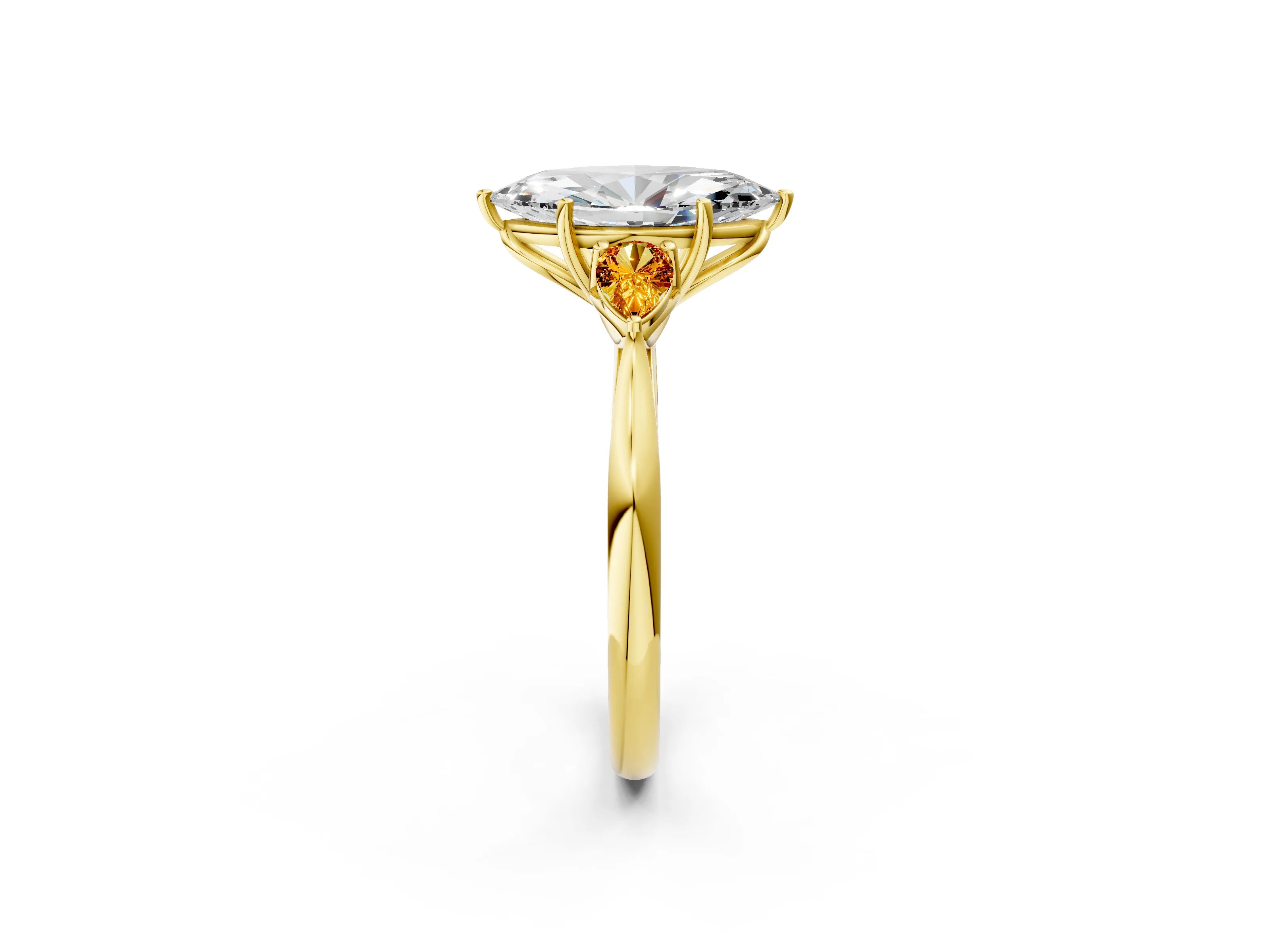 Yellow gold Marquise Cut Diamond Three-Stone Ring with Pear with Citrine side stone Side Stones and Prong Setting_2