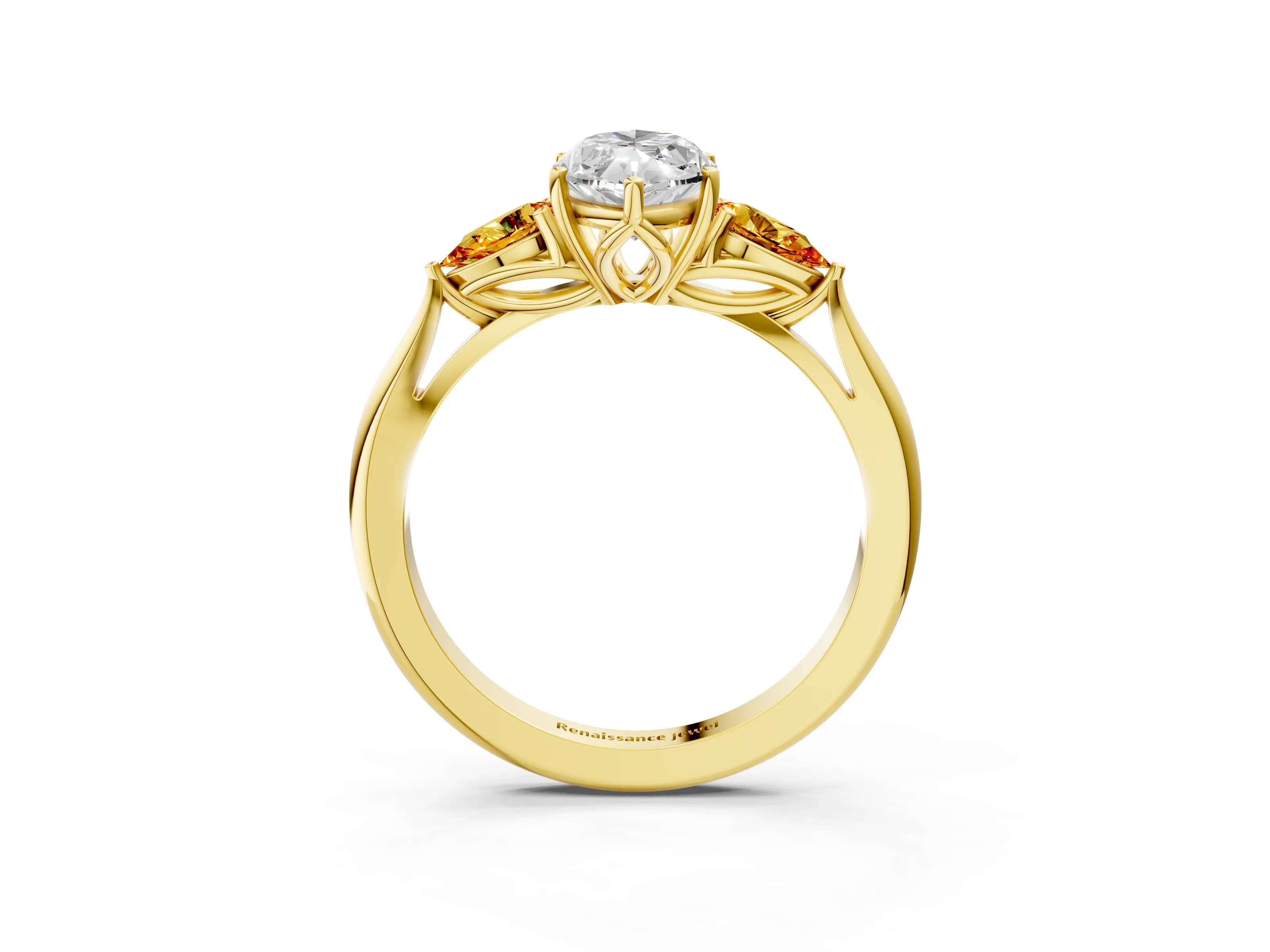 Yellow gold Marquise Cut Diamond Three-Stone Ring with Pear with Citrine side stone Side Stones and Prong Setting_3