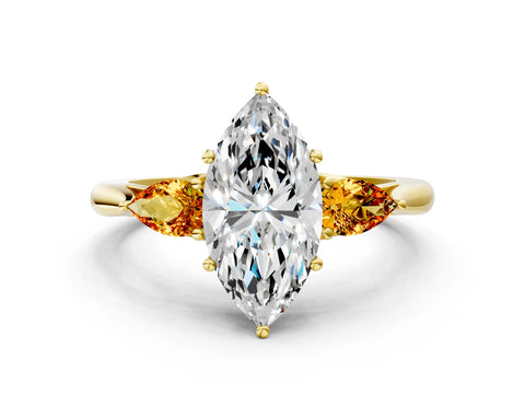 Yellow gold Marquise Cut Diamond Three-Stone Ring with Pear with Citrine side stone Side Stones and Prong Setting