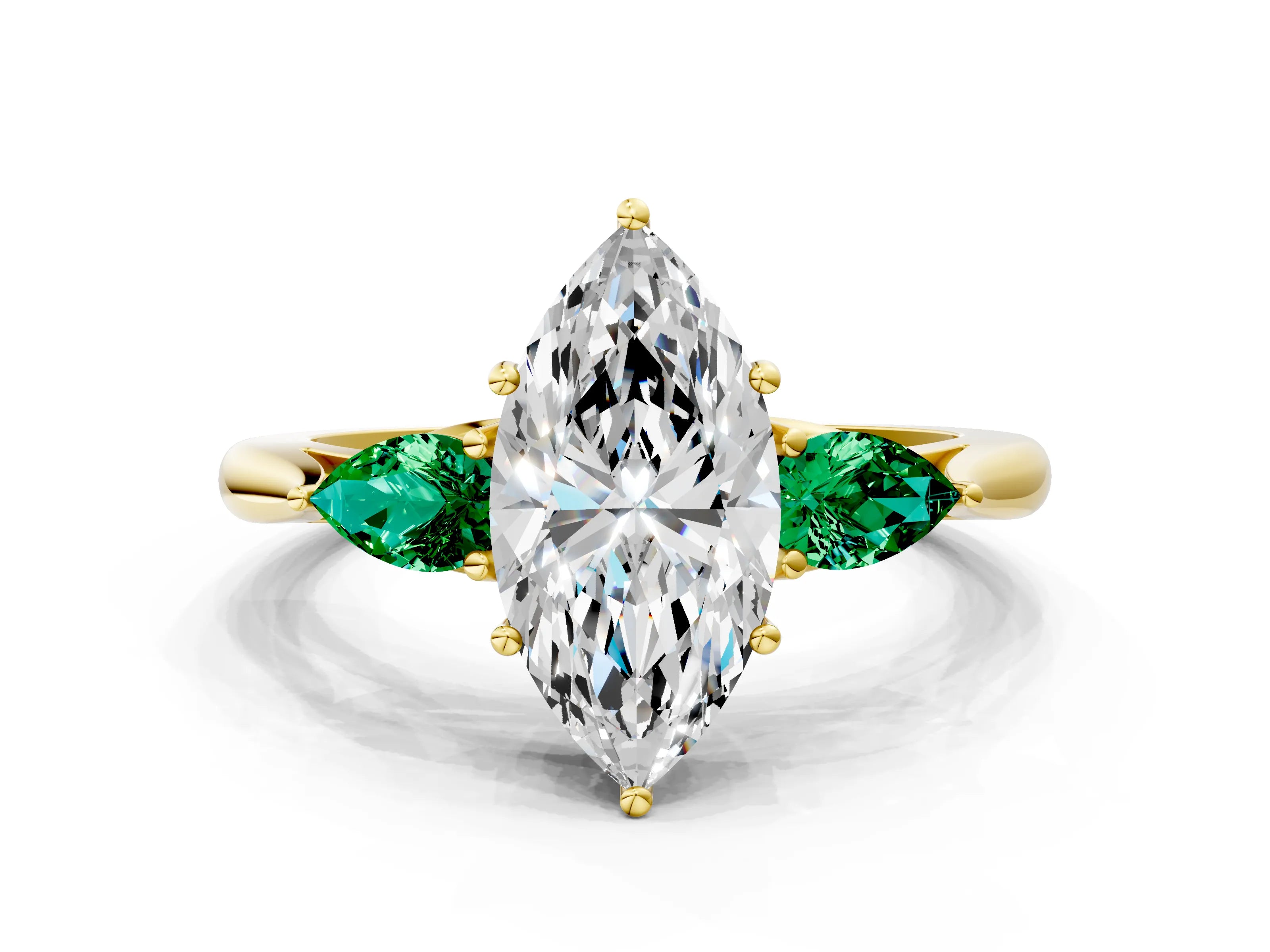 Yellow gold Marquise Cut Diamond Three-Stone Ring with Pear with Emerald side stone Side Stones and Prong Setting