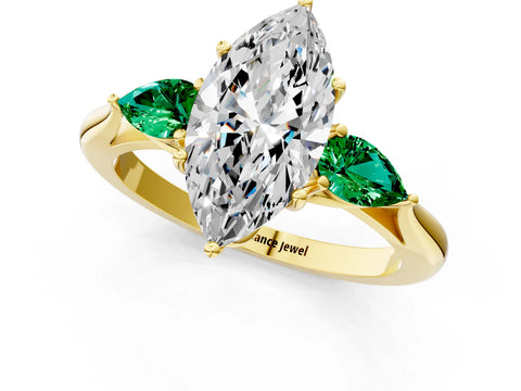 Yellow gold Marquise Cut Diamond Three-Stone Ring with Pear with Emerald side stone Side Stones and Prong Setting_1