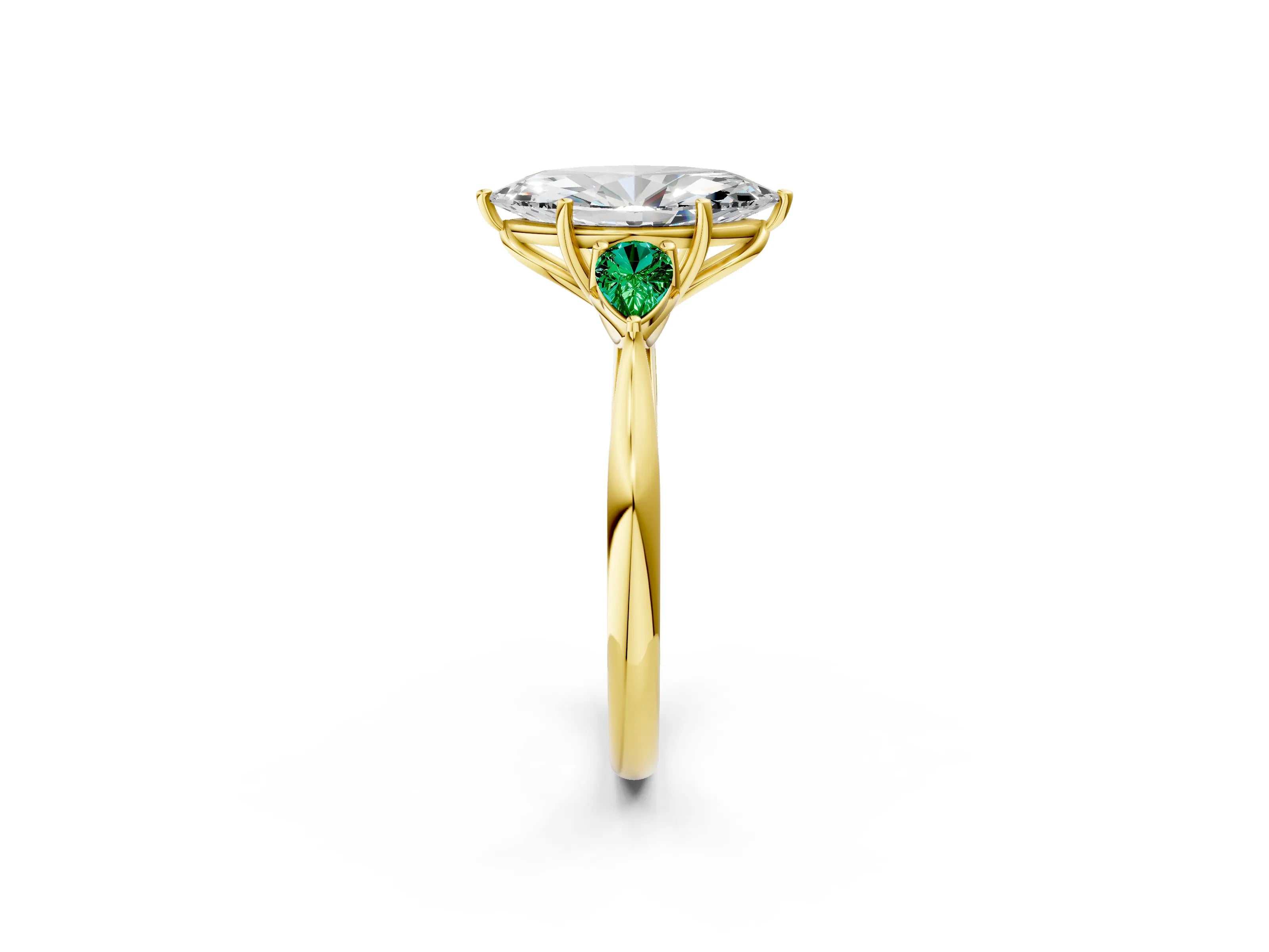 Yellow gold Marquise Cut Diamond Three-Stone Ring with Pear with Emerald side stone Side Stones and Prong Setting_2