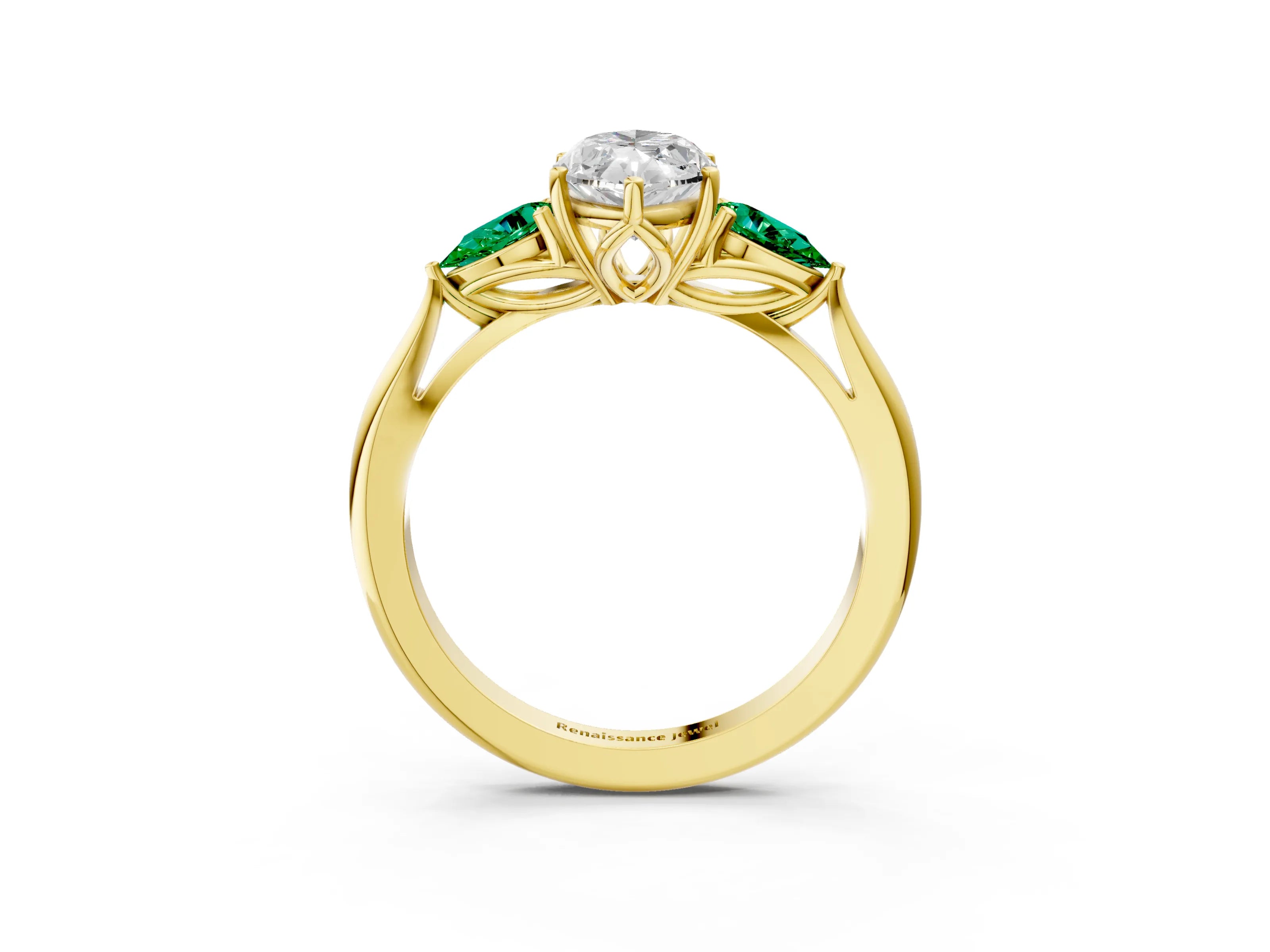 Yellow gold Marquise Cut Diamond Three-Stone Ring with Pear with Emerald side stone Side Stones and Prong Setting_3