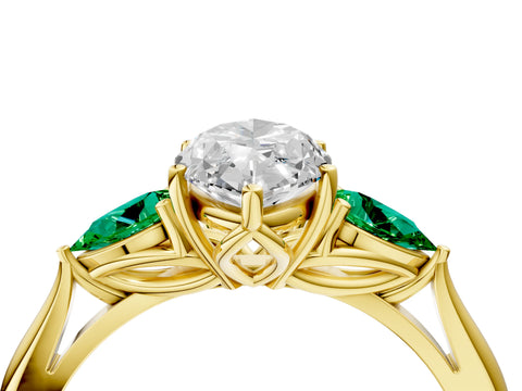 Yellow gold Marquise Cut Diamond Three-Stone Ring with Pear with Emerald side stone Side Stones and Prong Setting_4