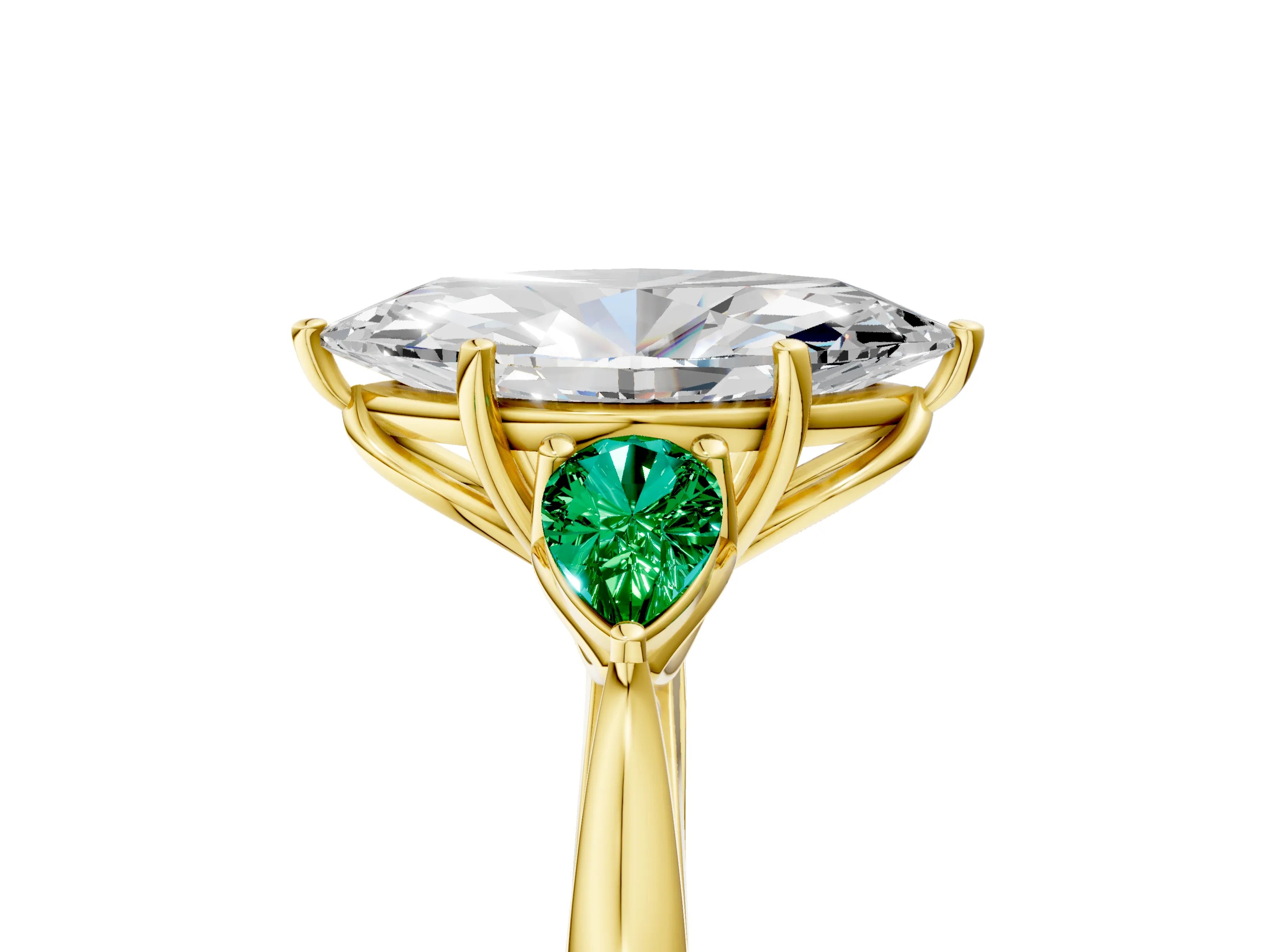 Yellow gold Marquise Cut Diamond Three-Stone Ring with Pear with Emerald side stone Side Stones and Prong Setting_5