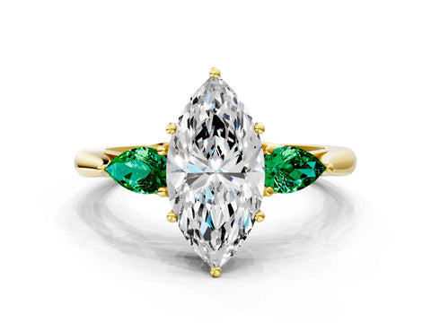 Yellow gold Marquise Cut Diamond Three-Stone Ring with Pear with Emerald side stone Side Stones and Prong Setting