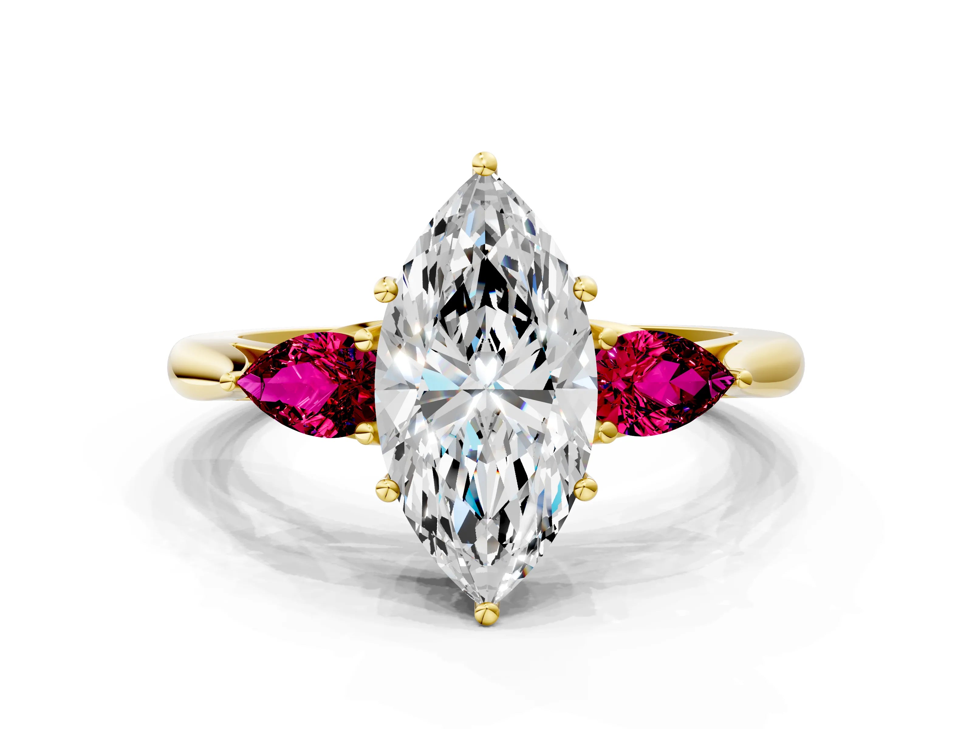 Yellow gold Marquise Cut Diamond Three-Stone Ring with Pear with Garnet side stone Side Stones and Prong Setting