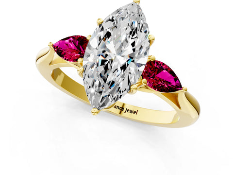 Yellow gold Marquise Cut Diamond Three-Stone Ring with Pear with Garnet side stone Side Stones and Prong Setting_1