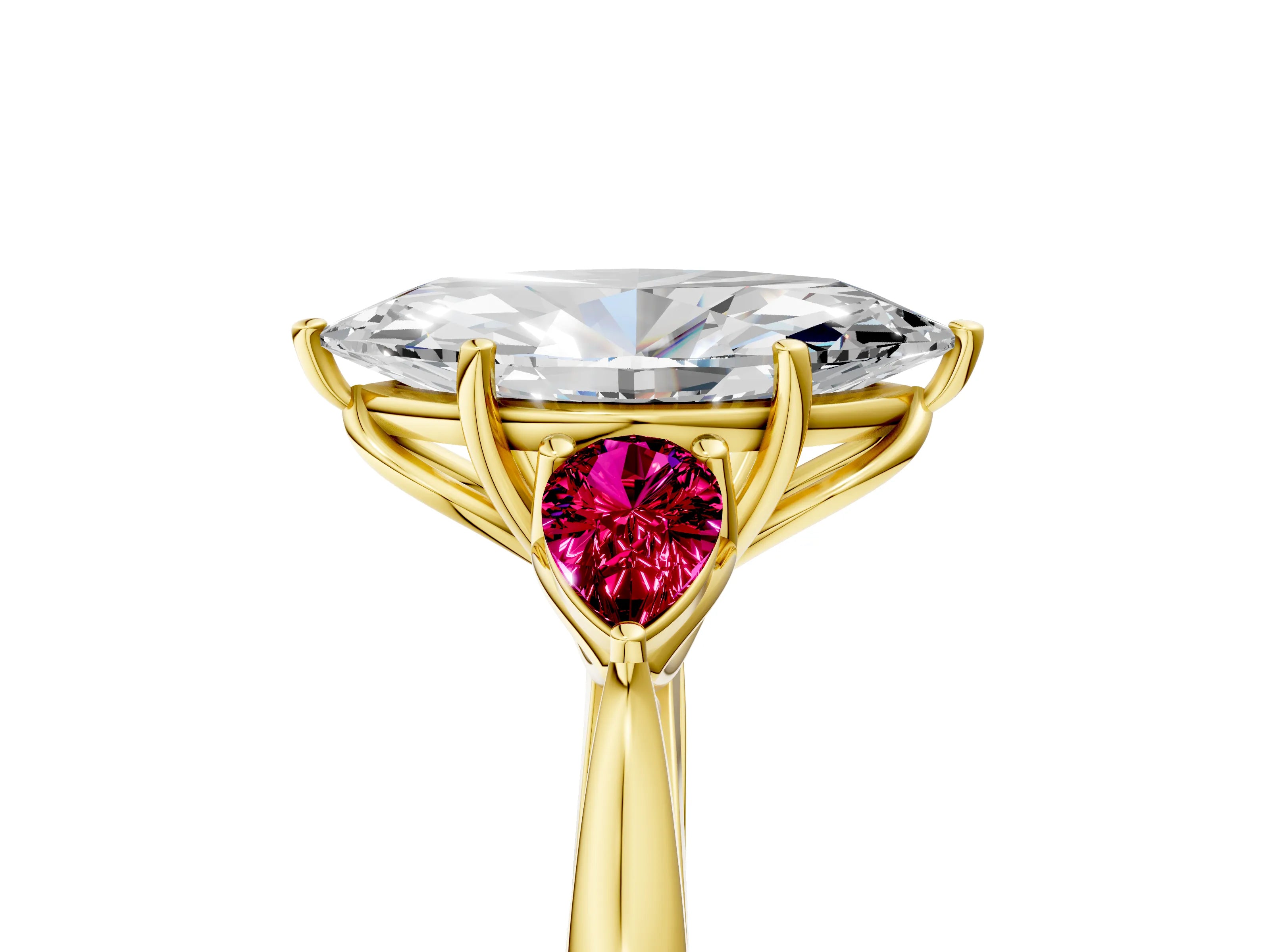 Yellow gold Marquise Cut Diamond Three-Stone Ring with Pear with Garnet side stone Side Stones and Prong Setting_5