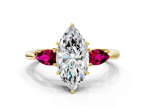Yellow gold Marquise Cut Diamond Three-Stone Ring with Pear with Garnet side stone Side Stones and Prong Setting