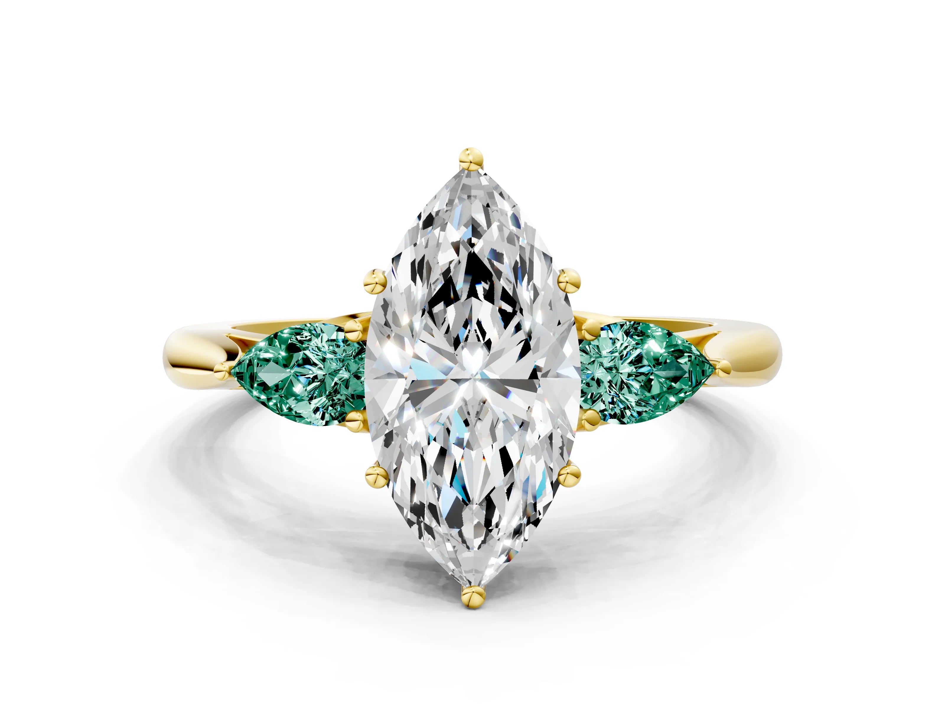 Yellow gold Marquise Cut Diamond Three-Stone Ring with Pear with Green Sapphire side stone Side Stones and Prong Setting
