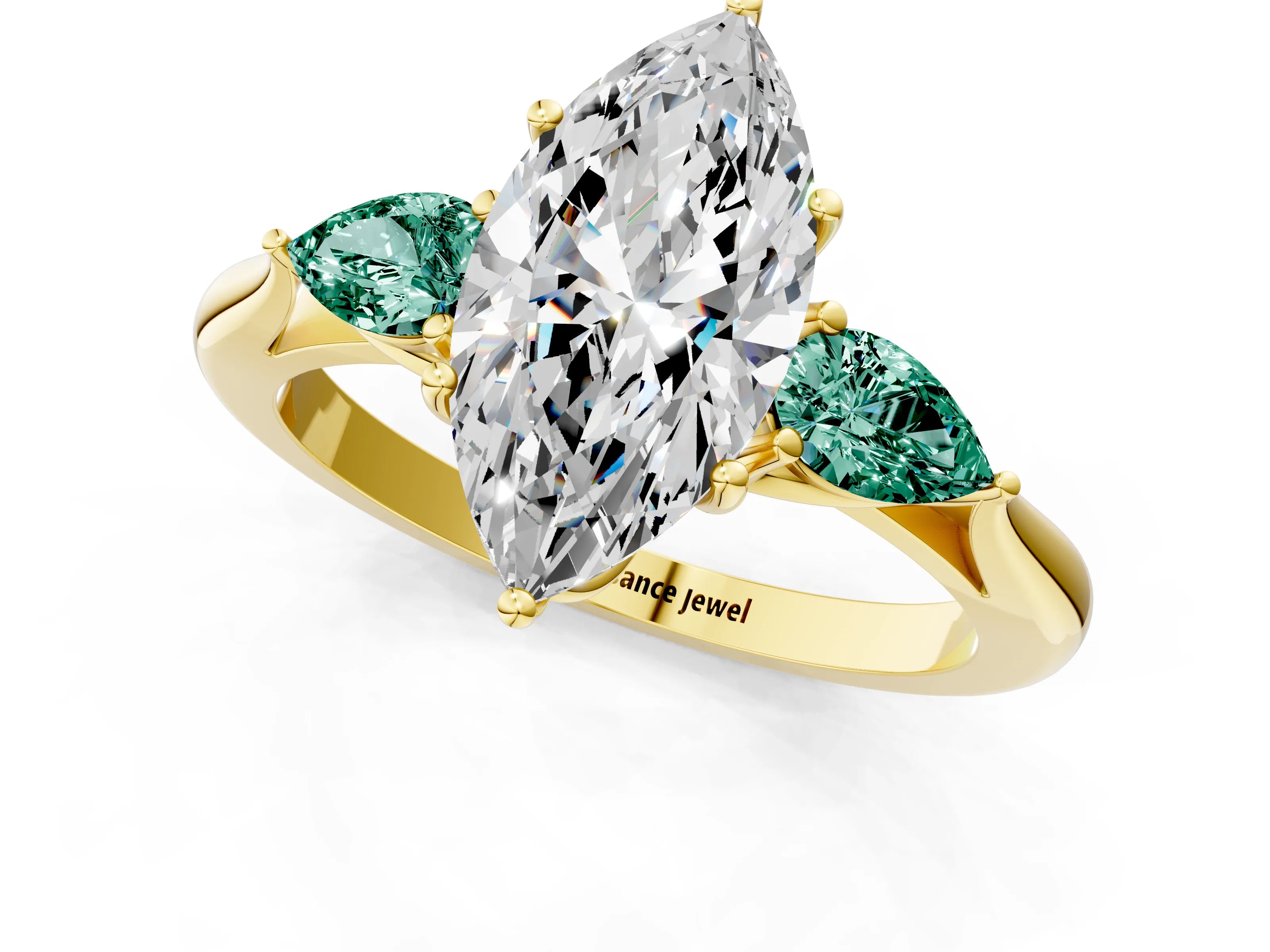 Yellow gold Marquise Cut Diamond Three-Stone Ring with Pear with Green Sapphire side stone Side Stones and Prong Setting_1