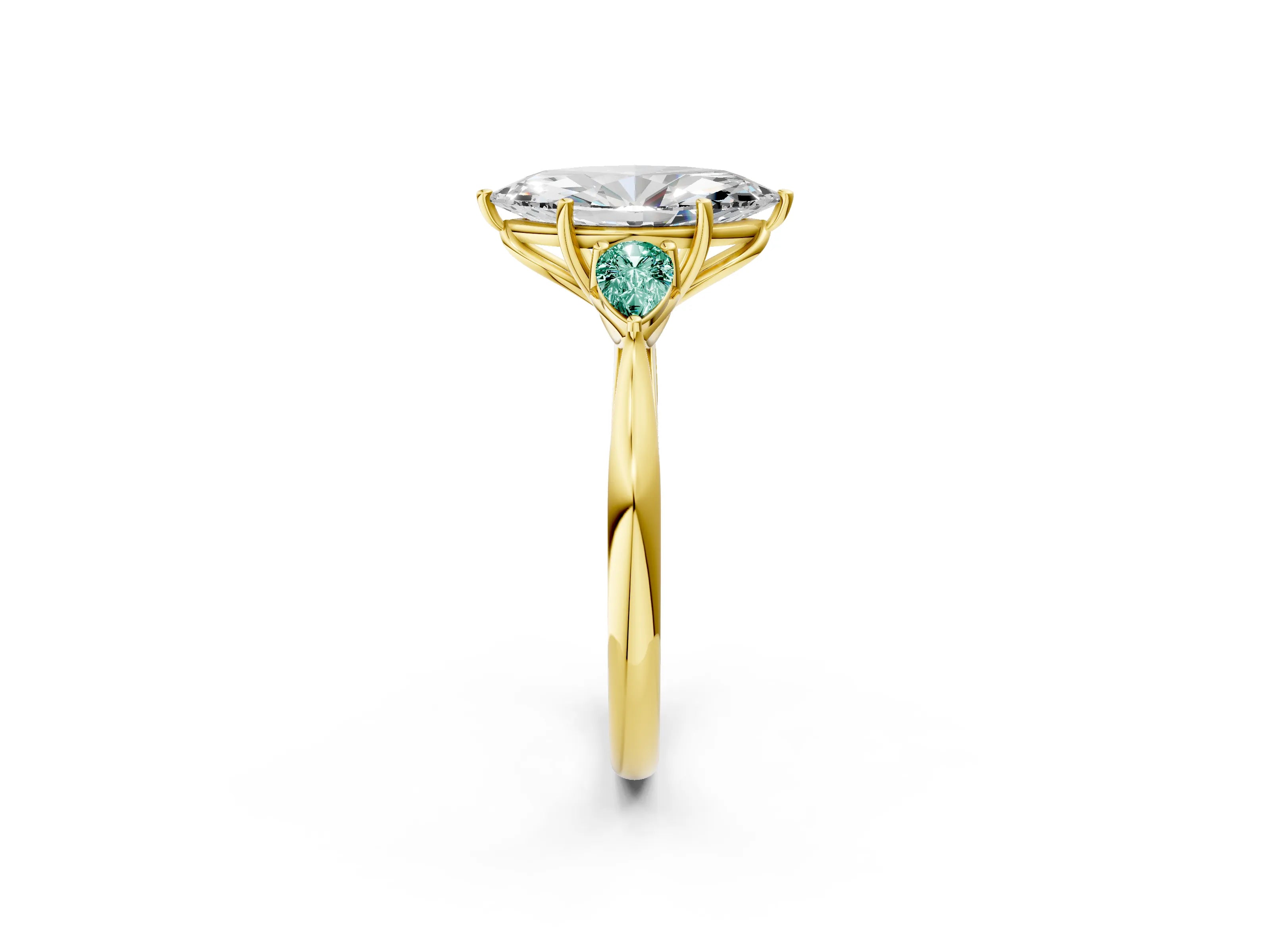 Yellow gold Marquise Cut Diamond Three-Stone Ring with Pear with Green Sapphire side stone Side Stones and Prong Setting_2