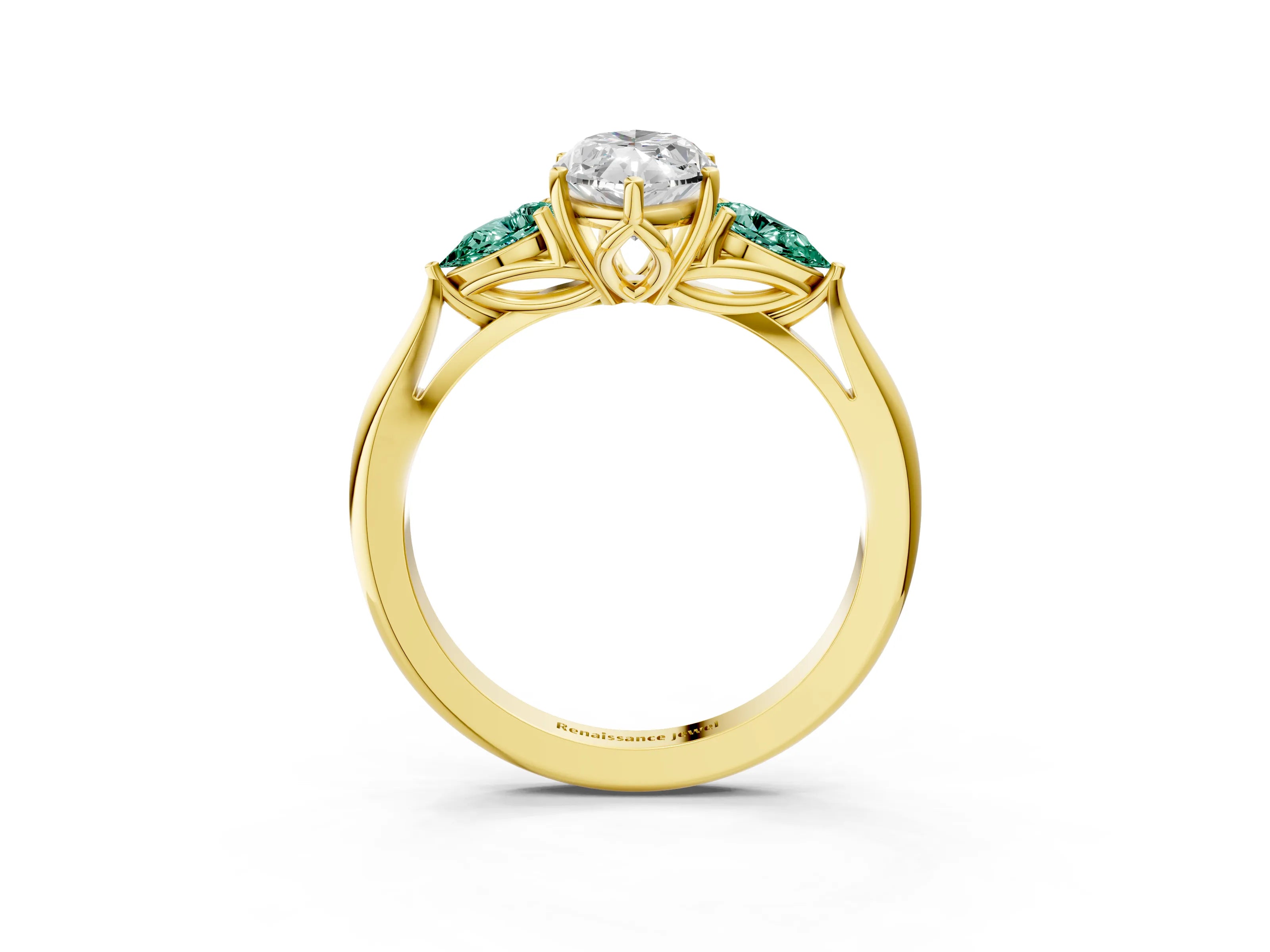 Yellow gold Marquise Cut Diamond Three-Stone Ring with Pear with Green Sapphire side stone Side Stones and Prong Setting_3